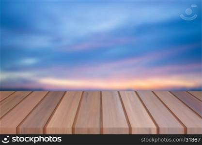 Empty top of wooden table with sunset background. For product display