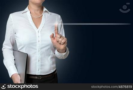empty touchscreen is operated by businesswoman background. empty touchscreen is operated by businesswoman background.
