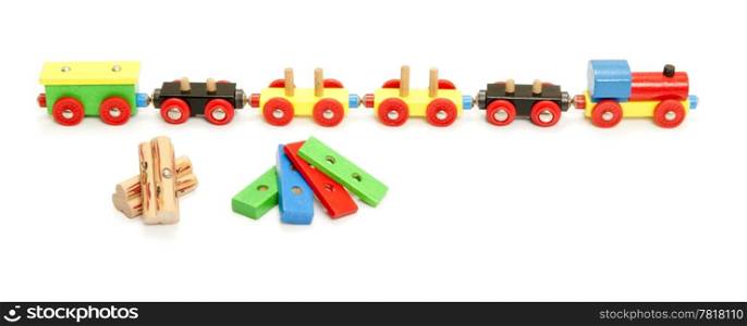Empty toy train with one locomotive and five carriages, with a choice of wooden blocks or stacked wood to load them
