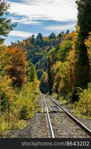 Empty train track leads into the forest in the autumn with fall colors in Vermont. Railway line leads into autumn colors in Vermont