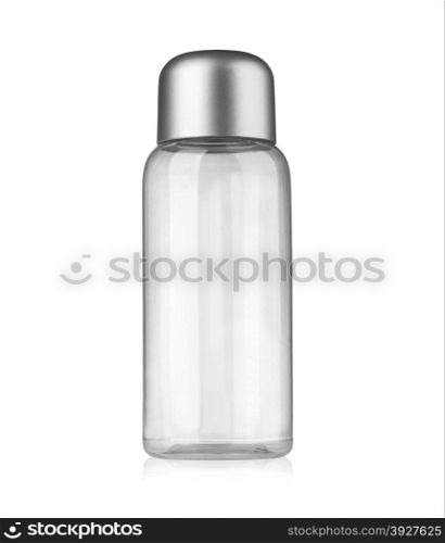 empty transparent bottle with silver cap isolated on white with clipping path