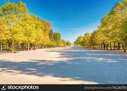 Empty Tuileries Garden park in Paris with no walking people during quarantine coronavirus at summer day. Paris, France