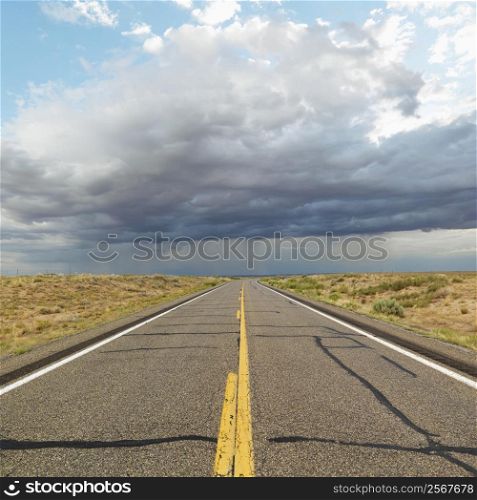 Empty two lane highway leading to desert horizon.