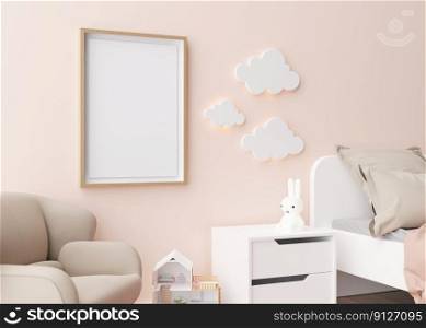 Empty vertical picture frame hanging on the wall in modern child room. Frame mock up in contemporary style. Free, copy space for picture, poster. Toys, bed, armchair. Close up view. 3D rendering. Empty vertical picture frame hanging on the wall in modern child room. Frame mock up in contemporary style. Free, copy space for picture, poster. Toys, bed, armchair. Close up view. 3D rendering.
