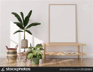 Empty vertical picture frame. Mock up interior in boho style. Free, copy space for picture or poster. Plants, rattan basket, cat. Close-up view. 3D rendering. Empty vertical picture frame. Mock up interior in boho style. Free, copy space for picture or poster. Plants, rattan basket, cat. Close-up view. 3D rendering.