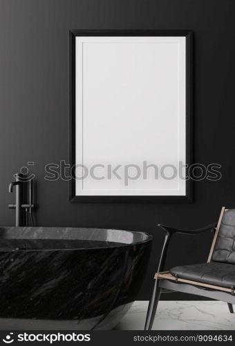 Empty vertical picture frame on black wall in modern and luxury bathroom. Mock up interior in contemporary style. Free space, copy space for your picture, poster. Bath, leather armchair 3D rendering. Empty vertical picture frame on black wall in modern and luxury bathroom. Mock up interior in contemporary style. Free space, copy space for your picture, poster. Bath, leather armchair 3D rendering.