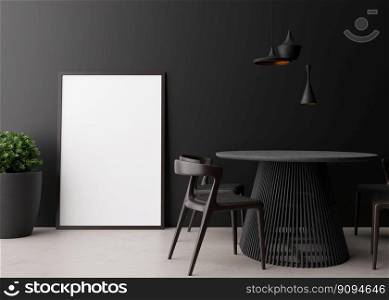 Empty vertical picture frame on black wall in modern dining room. Mock up interior in minimalist style. Free space, copy space for your picture. Dining table, chairs, lamps, plant. 3D rendering. Empty vertical picture frame on black wall in modern dining room. Mock up interior in minimalist style. Free space, copy space for your picture. Dining table, chairs, lamps, plant. 3D rendering.