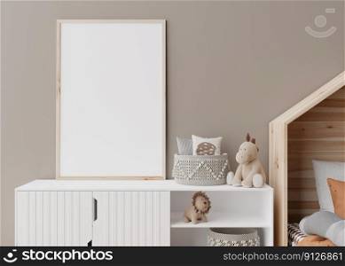 Empty vertical picture frame on brown wall in modern child room. Mock up interior in scandinavian style. Free, copy space for your picture. Close up view. Cozy room for kids. 3D rendering. Empty vertical picture frame on brown wall in modern child room. Mock up interior in scandinavian style. Free, copy space for your picture. Close up view. Cozy room for kids. 3D rendering.
