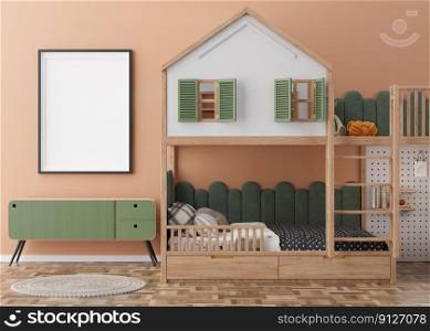 Empty vertical picture frame on brown wall in modern child room. Mock up interior in contemporary, scandinavian style. Free, copy space for picture. Bed, toys. Cozy room for kids. 3D rendering. Empty vertical picture frame on brown wall in modern child room. Mock up interior in contemporary, scandinavian style. Free, copy space for picture. Bed, toys. Cozy room for kids. 3D rendering.