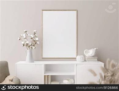 Empty vertical picture frame on cream wall in modern living room. Mock up interior in minimalist, scandinavian style. Free, copy space for picture. Console, armchair, cotton plant, vase. 3D rendering. Empty vertical picture frame on cream wall in modern living room. Mock up interior in minimalist, scandinavian style. Free, copy space for picture. Console, armchair, cotton plant, vase. 3D rendering.