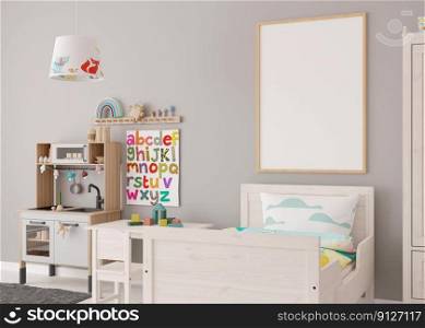 Empty vertical picture frame on gray wall in modern child room. Mock up interior in contemporary, scandinavian style. Free, copy space for picture. Bed, toys. Cozy room for kids. 3D rendering. Empty vertical picture frame on gray wall in modern child room. Mock up interior in contemporary, scandinavian style. Free, copy space for picture. Bed, toys. Cozy room for kids. 3D rendering.