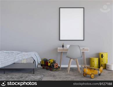 Empty vertical picture frame on gray wall in modern child room. Mock up interior in contemporary, scandinavian style. Free, copy space for your picture. Bed, desk, toys. Cozy room for kids. 3D render. Empty vertical picture frame on gray wall in modern child room. Mock up interior in contemporary, scandinavian style. Free, copy space for your picture. Bed, desk, toys. Cozy room for kids. 3D render.