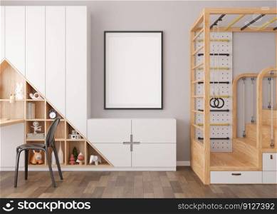 Empty vertical picture frame on gray wall in modern child room. Mock up interior in contemporary, scandinavian style. Empty, copy space for picture. Bed, toys, desk. Cozy room for kids. 3D rendering. Empty vertical picture frame on gray wall in modern child room. Mock up interior in contemporary, scandinavian style. Empty, copy space for picture. Bed, toys, desk. Cozy room for kids. 3D rendering.