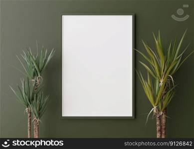 Empty vertical picture frame on green wall. Free, copy space for picture, poster. Template for your design. Plants. 3D rendering. Empty vertical picture frame on green wall. Free, copy space for picture, poster. Template for your design. Plants. 3D rendering.