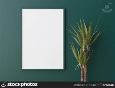 Empty vertical picture frame on green wall. Free, copy space for picture, poster. Template for your design. Plant. 3D rendering. Empty vertical picture frame on green wall. Free, copy space for picture, poster. Template for your design. Plant. 3D rendering.