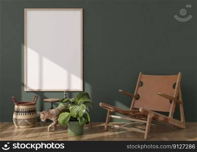 Empty vertical picture frame on green wall in modern living room. Mock up interior in boho style. Free, copy space for your picture, poster. Armchair, rattan basket, plant. 3D rendering. Empty vertical picture frame on green wall in modern living room. Mock up interior in boho style. Free, copy space for your picture, poster. Armchair, rattan basket, plant. 3D rendering.