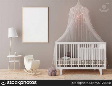 Empty vertical picture frame on grey wall in modern child room. Mock up interior in scandinavian style. Free, copy space for your picture. Baby bed, table. Cozy room for kids. 3D rendering. Empty vertical picture frame on grey wall in modern child room. Mock up interior in scandinavian style. Free, copy space for your picture. Baby bed, table. Cozy room for kids. 3D rendering.