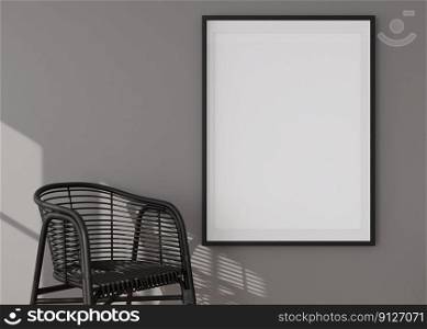 Empty vertical picture frame on grey wall in modern living room. Mock up interior in contemporary style. Free, copy space for picture, poster. Chair. Close up. 3D rendering. Empty vertical picture frame on grey wall in modern living room. Mock up interior in contemporary style. Free, copy space for picture, poster. Chair. Close up. 3D rendering.