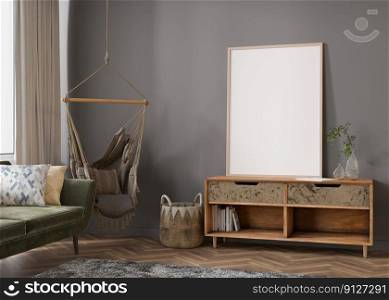 Empty vertical picture frame on grey wall in modern living room. Mock up interior in boho style. Free, copy space for your picture, poster. Hanging armchair, sofa, rattan basket, vase. 3D rendering. Empty vertical picture frame on grey wall in modern living room. Mock up interior in boho style. Free, copy space for your picture, poster. Hanging armchair, sofa, rattan basket, vase. 3D rendering.