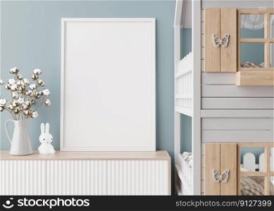 Empty vertical picture frame on the sideboard in modern child room. Mock up interior in contemporary, scandinavian style. Copy space for picture. Bed, cotton plant. Cozy room for kids. 3D render. Empty vertical picture frame on the sideboard in modern child room. Mock up interior in contemporary, scandinavian style. Copy space for picture. Bed, cotton plant. Cozy room for kids. 3D render.