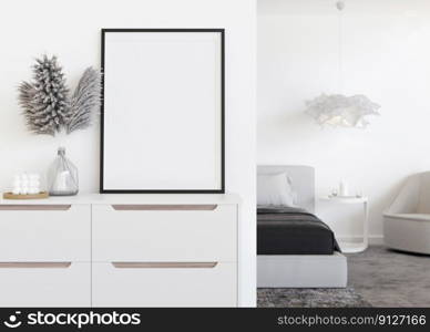 Empty vertical picture frame on white wall in modern bedroom. Mock up interior in contemporary style. Free, copy space for your picture. Bed, sideboard, p&as grass in vase. 3D rendering. Empty vertical picture frame on white wall in modern bedroom. Mock up interior in contemporary style. Free, copy space for your picture. Bed, sideboard, p&as grass in vase. 3D rendering.