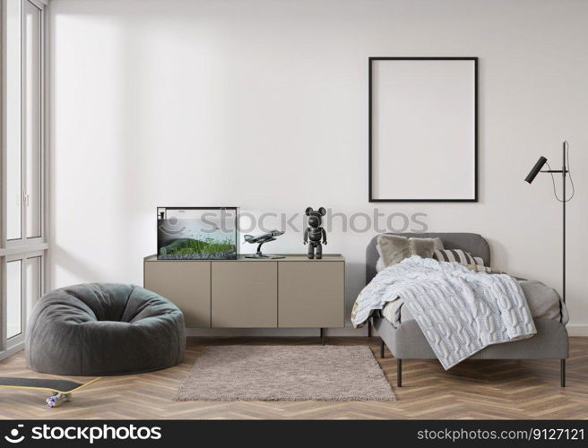 Empty vertical picture frame on white wall in modern child or teenie room. Mock up interior in contemporary style. Free, copy space for picture, poster. Bed, sideboard. Cozy room for kids. 3D render. Empty vertical picture frame on white wall in modern child or teenie room. Mock up interior in contemporary style. Free, copy space for picture, poster. Bed, sideboard. Cozy room for kids. 3D render.