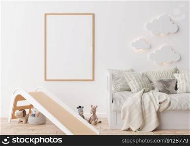 Empty vertical picture frame on white wall in modern child room. Mock up interior in scandinavian style. Free, copy space for your picture. Bed, slide, toys. Cozy room for kids. 3D rendering. Empty vertical picture frame on white wall in modern child room. Mock up interior in scandinavian style. Free, copy space for your picture. Bed, slide, toys. Cozy room for kids. 3D rendering.