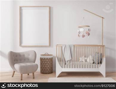 Empty vertical picture frame on white wall in modern child room. Mock up interior in scandinavian style. Free, copy space for your picture. Baby bed, armchair. Cozy room for kids. 3D rendering. Empty vertical picture frame on white wall in modern child room. Mock up interior in scandinavian style. Free, copy space for your picture. Baby bed, armchair. Cozy room for kids. 3D rendering.
