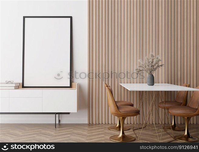 Empty vertical picture frame on white wall in modern dining room. Mock up interior in minimalist, contemporary style. Free space, copy space for your picture. Dining table, chairs, vase. 3D rendering. Empty vertical picture frame on white wall in modern dining room. Mock up interior in minimalist, contemporary style. Free space, copy space for your picture. Dining table, chairs, vase. 3D rendering.