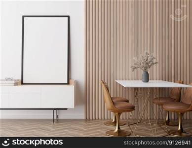 Empty vertical picture frame on white wall in modern dining room. Mock up interior in minimalist, contemporary style. Free space, copy space for your picture. Dining table, chairs, vase. 3D rendering. Empty vertical picture frame on white wall in modern dining room. Mock up interior in minimalist, contemporary style. Free space, copy space for your picture. Dining table, chairs, vase. 3D rendering.