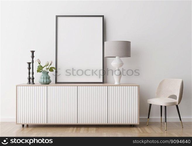 Empty vertical picture frame on white wall in modern living room. Mock up interior in contemporary style. Free space for picture, poster. Console, armchair, l&, flowers. 3D rendering. Empty vertical picture frame on white wall in modern living room. Mock up interior in contemporary style. Free space for picture, poster. Console, armchair, l&, flowers. 3D rendering.