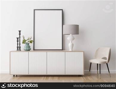 Empty vertical picture frame on white wall in modern living room. Mock up interior in contemporary style. Free space for picture, poster. Console, armchair, l&, flowers. 3D rendering. Empty vertical picture frame on white wall in modern living room. Mock up interior in contemporary style. Free space for picture, poster. Console, armchair, l&, flowers. 3D rendering.