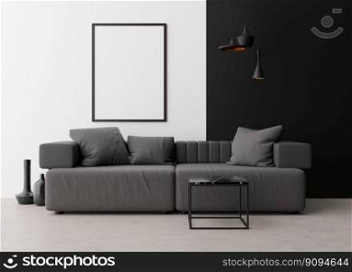 Empty vertical picture frame on white wall in modern living room. Mock up interior in contemporary style. Free space for picture. Gray sofa, black marble coffee table, l&s, vases. 3D rendering. Empty vertical picture frame on white wall in modern living room. Mock up interior in contemporary style. Free space for picture. Gray sofa, black marble coffee table, l&s, vases. 3D rendering.
