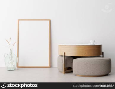 Empty vertical picture frame on white wall in modern living room. Mock up interior in minimalist, scandinavian style. Free space for picture. Wooden table, dried grass in glass vase. 3D rendering. Empty vertical picture frame on white wall in modern living room. Mock up interior in minimalist, scandinavian style. Free space for picture. Wooden table, dried grass in glass vase. 3D rendering.