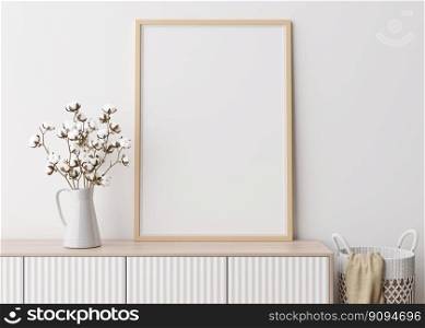 Empty vertical picture frame on white wall in modern living room. Mockup interior in minimalist, scandinavian style. Free space for picture. Console, rattan basket, cotton plant in vase. 3D rendering. Empty vertical picture frame on white wall in modern living room. Mock up interior in minimalist, scandinavian style. Free space for picture. Console, rattan basket, cotton plant in vase. 3D rendering