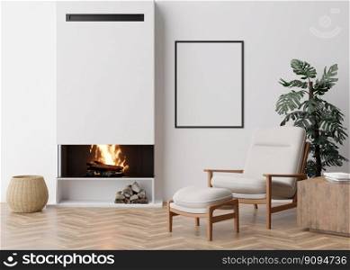 Empty vertical picture frame on white wall in modern living room. Mock up interior in contemporary style. Free space for picture, poster. Armchair, fireplace, monstera plant. 3D rendering. Empty vertical picture frame on white wall in modern living room. Mock up interior in contemporary style. Free space for picture, poster. Armchair, fireplace, monstera plant. 3D rendering.
