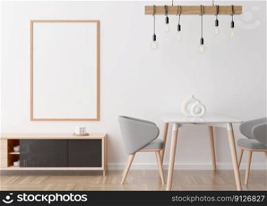Empty vertical picture frame on white wall in modern living room. Mock up interior in minimalist, scandinavian style. Free space for picture. Console, table, chairs, l&, vases. 3D rendering. Empty vertical picture frame on white wall in modern living room. Mock up interior in minimalist, scandinavian style. Free space for picture. Console, table, chairs, l&, vases. 3D rendering.