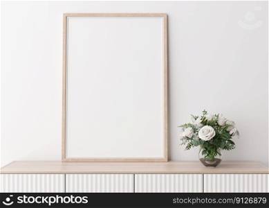 Empty vertical picture frame on white wall in modern living room. Mock up interior in minimalist, scandinavian style. Free space for picture. Console, flowers in vase. 3D rendering. Empty vertical picture frame on white wall in modern living room. Mock up interior in minimalist, scandinavian style. Free space for picture. Console, flowers in vase. 3D rendering.
