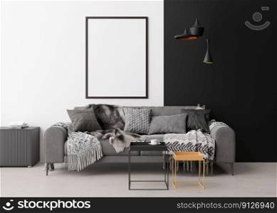 Empty vertical picture frame on white wall in modern living room. Mock up interior in minimalist, contemporary style. Free, copy space for your picture. Sofa, table, l&s. 3D rendering. Empty vertical picture frame on white wall in modern living room. Mock up interior in minimalist, contemporary style. Free, copy space for your picture. Sofa, table, l&s. 3D rendering.