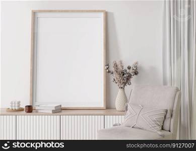 Empty vertical picture frame on white wall in modern living room. Mock up interior in contemporary, scandinavian style. Free, copy space for picture. Console, p&as grass. Close up. 3D rendering. Empty vertical picture frame on white wall in modern living room. Mock up interior in contemporary, scandinavian style. Free, copy space for picture. Console, p&as grass. Close up. 3D rendering.