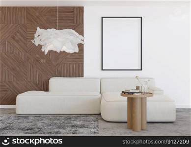 Empty vertical picture frame on white wall in modern living room. Mock up interior in minimalist, contemporary style. Free, copy space for your picture. Sofa, carpet. 3D rendering. Empty vertical picture frame on white wall in modern living room. Mock up interior in minimalist, contemporary style. Free, copy space for your picture. Sofa, carpet. 3D rendering.