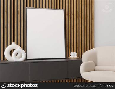Empty vertical picture frame on wooden wall in modern living room. Mock up interior in contemporary style. Free space for picture, poster. Console, armchair, vase, candle. 3D rendering. Empty vertical picture frame on wooden wall in modern living room. Mock up interior in contemporary style. Free space for picture, poster. Console, armchair, vase, candle. 3D rendering.