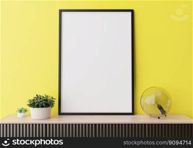 Empty vertical picture frame on yellow wall in modern living room. Mock up interior in minimalist, contemporary style. Free space for your picture, poster. Console, l&. 3D rendering. Close up view. Empty vertical picture frame on yellow wall in modern living room. Mock up interior in minimalist, contemporary style. Free space for your picture, poster. Console, l&. 3D rendering. Close up view.