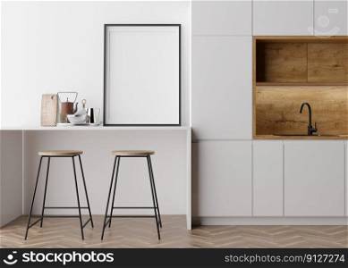 Empty vertical picture frame standing in modern kitchen. Mock up interior in contemporary style. Free, copy space for your picture, poster. Kitchen, bar chairs, parquet floor. 3D rendering. Empty vertical picture frame standing in modern kitchen. Mock up interior in contemporary style. Free, copy space for your picture, poster. Kitchen, bar chairs, parquet floor. 3D rendering.