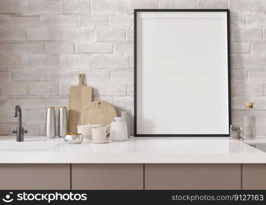 Empty vertical picture frame standing in modern kitchen. Mock up interior in minimalist, contemporary style. Free, copy space for your picture, poster. Close up view. 3D rendering. Empty vertical picture frame standing in modern kitchen. Mock up interior in minimalist, contemporary style. Free, copy space for your picture, poster. Close up view. 3D rendering.