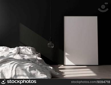 Empty vertical picture frame standing on concrete floor in modern bedroom. Mock up interior in minimalist, contemporary style. Free space for picture or poster. Bed, hanging l&. 3D rendering. Empty vertical picture frame standing on concrete floor in modern bedroom. Mock up interior in minimalist, contemporary style. Free space for picture or poster. Bed, hanging l&. 3D rendering.