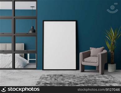 Empty vertical picture frame standing on concrete floor in modern bedroom. Mock up interior in contemporary, loft style. Free space for picture. Plant, armchair. 3D rendering. Empty vertical picture frame standing on concrete floor in modern bedroom. Mock up interior in contemporary, loft style. Free space for picture. Plant, armchair. 3D rendering.