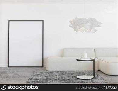 Empty vertical picture frame standing on concrete floor in modern living room. Mock up interior in contemporary style. Free, copy space for your picture, poster. White wall, sofa, l&. 3D rendering. Empty vertical picture frame standing on concrete floor in modern living room. Mock up interior in contemporary style. Free, copy space for your picture, poster. White wall, sofa, l&. 3D rendering.