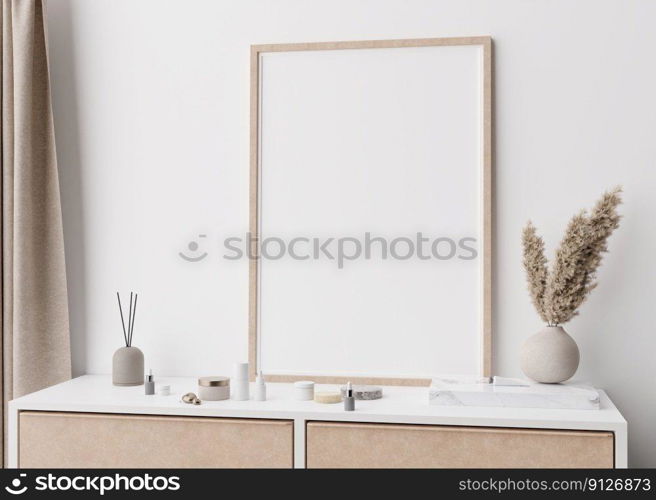 Empty vertical picture frame standing on console in modern bedroom. Mock up interior in minimalist, scandinavian style. Free, copy space for picture. P&as grass, cosmetic bottles. 3D rendering. Empty vertical picture frame standing on console in modern bedroom. Mock up interior in minimalist, scandinavian style. Free, copy space for picture. P&as grass, cosmetic bottles. 3D rendering.