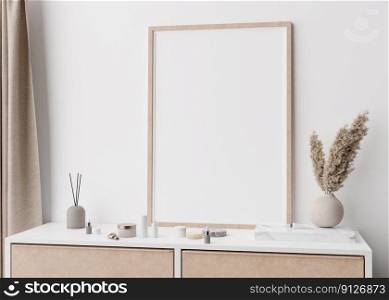 Empty vertical picture frame standing on console in modern bedroom. Mock up interior in minimalist, scandinavian style. Free, copy space for picture. P&as grass, cosmetic bottles. 3D rendering. Empty vertical picture frame standing on console in modern bedroom. Mock up interior in minimalist, scandinavian style. Free, copy space for picture. P&as grass, cosmetic bottles. 3D rendering.